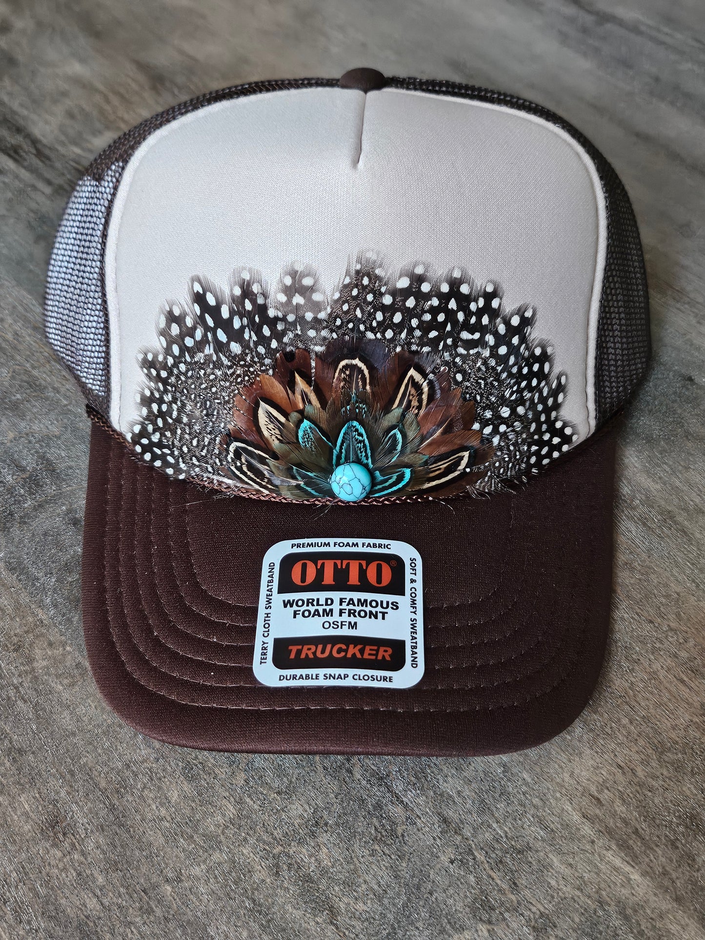 Custom brown and tan trucker hat