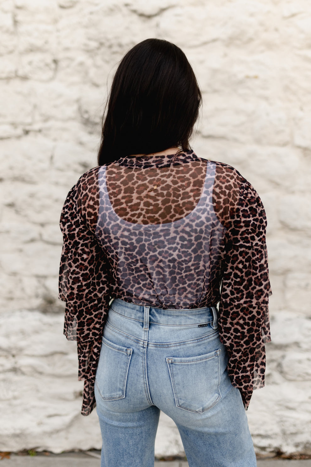 LEOPARD MESH RUFFLE SLEEVE TOP