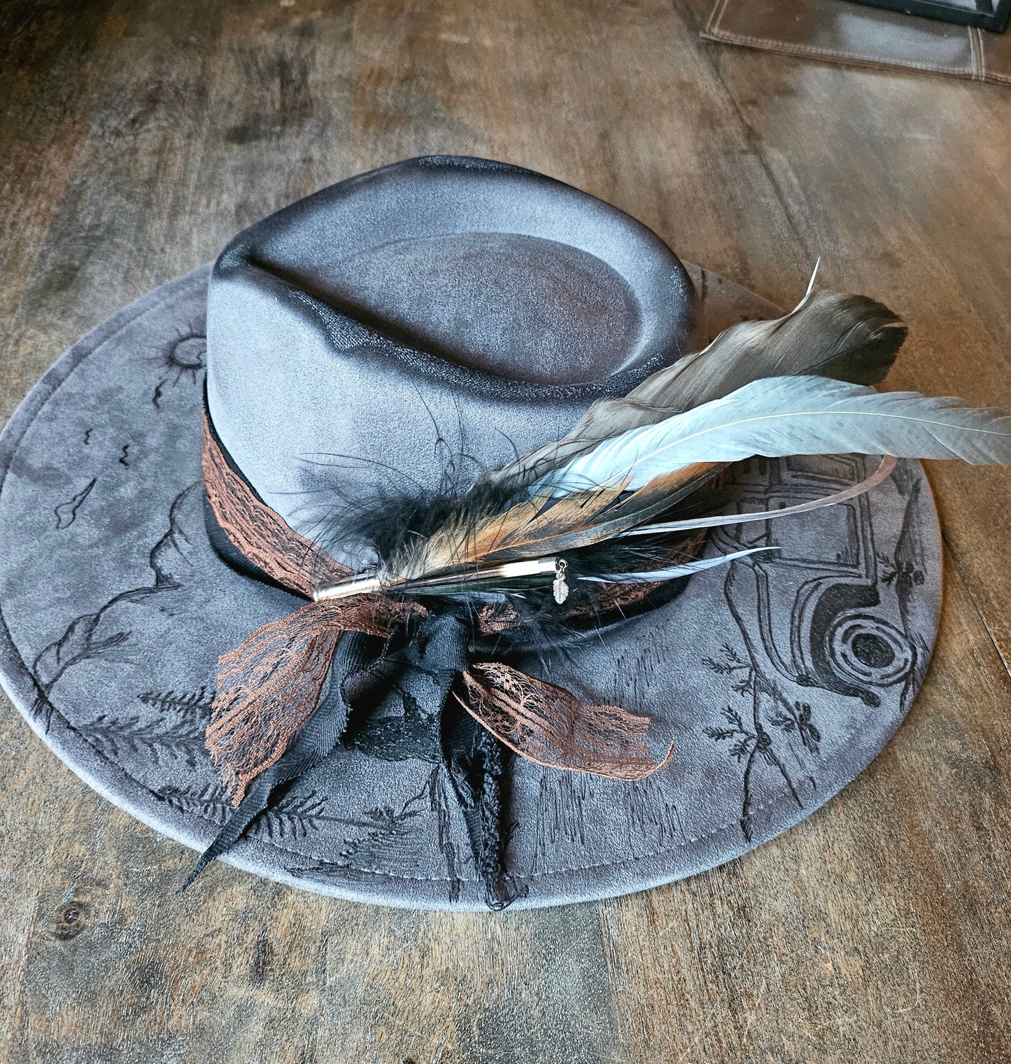 Grey hand burned fedora cowboy hat