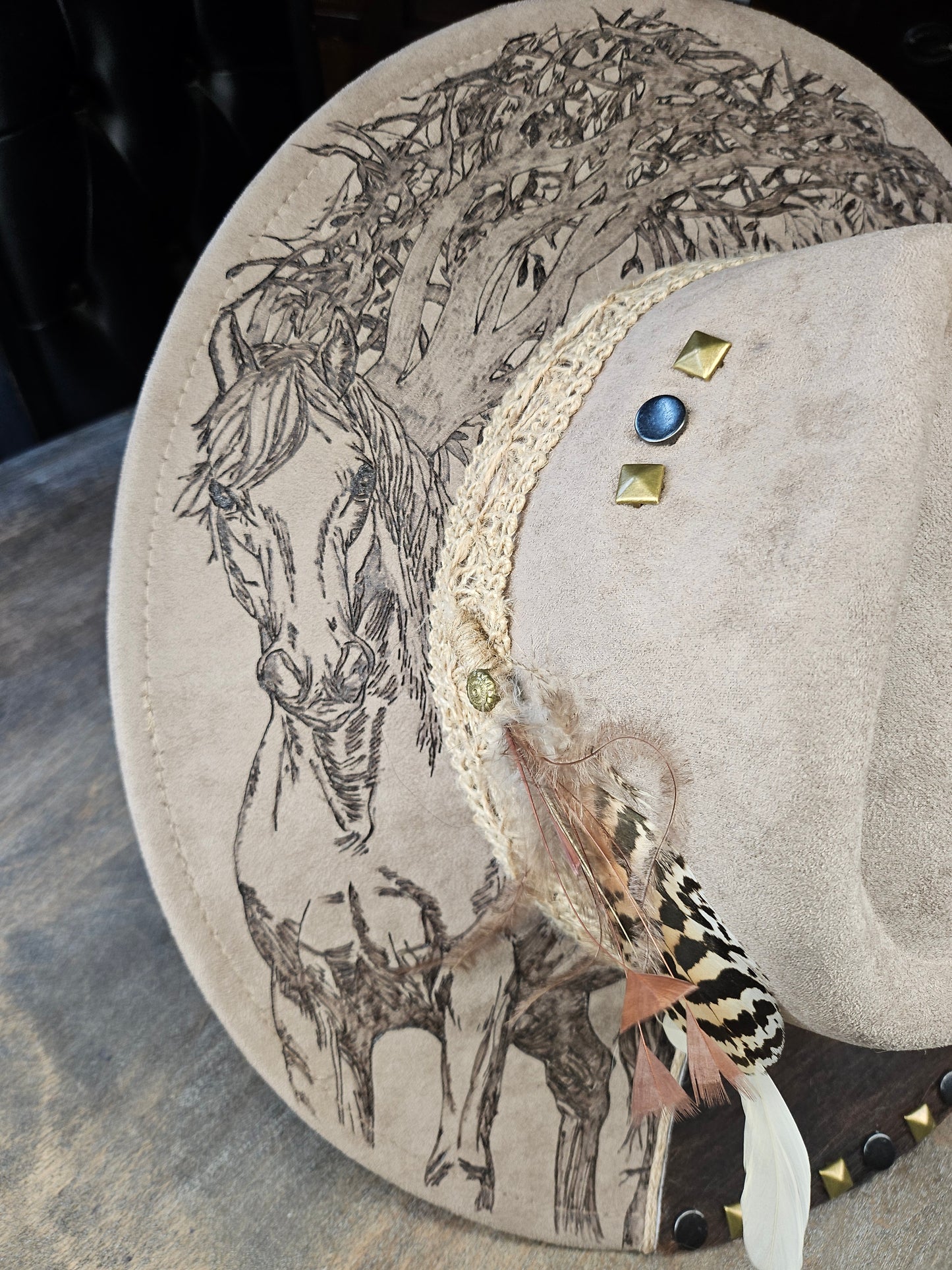 Taupe Fedora Hat hand burned with a horse under a weeping willow