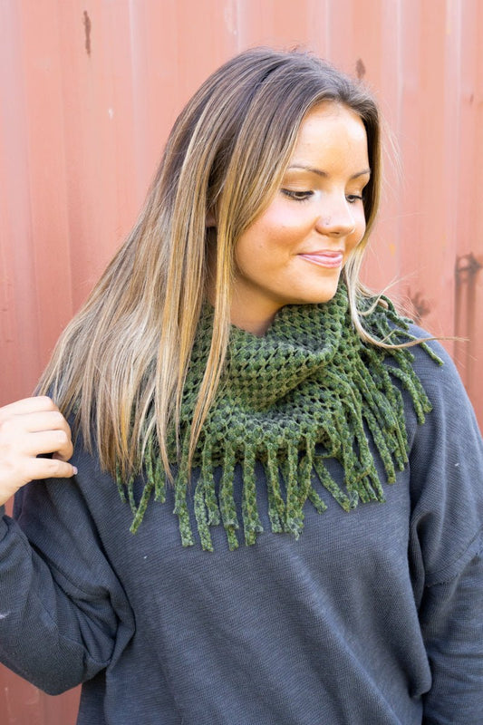 Soft fringed cowl scarves with a western flare