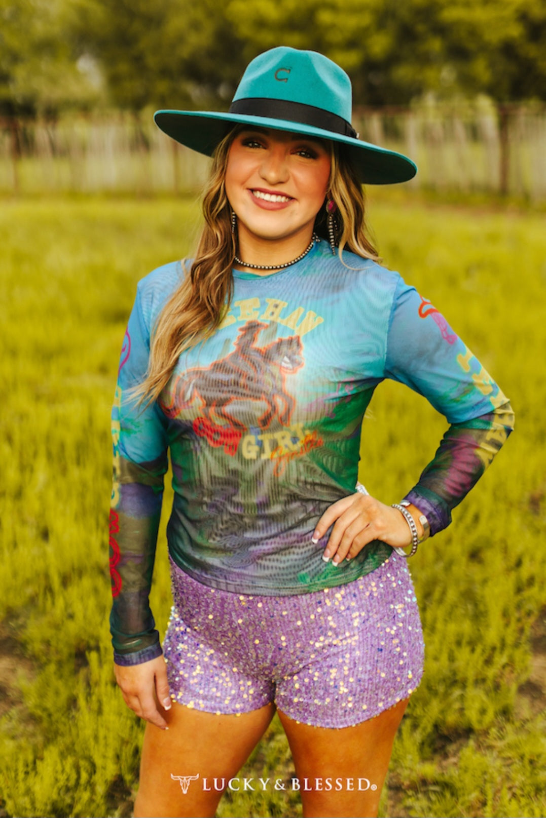 Multi Color Cowgirl Long Sleeve Mesh Top