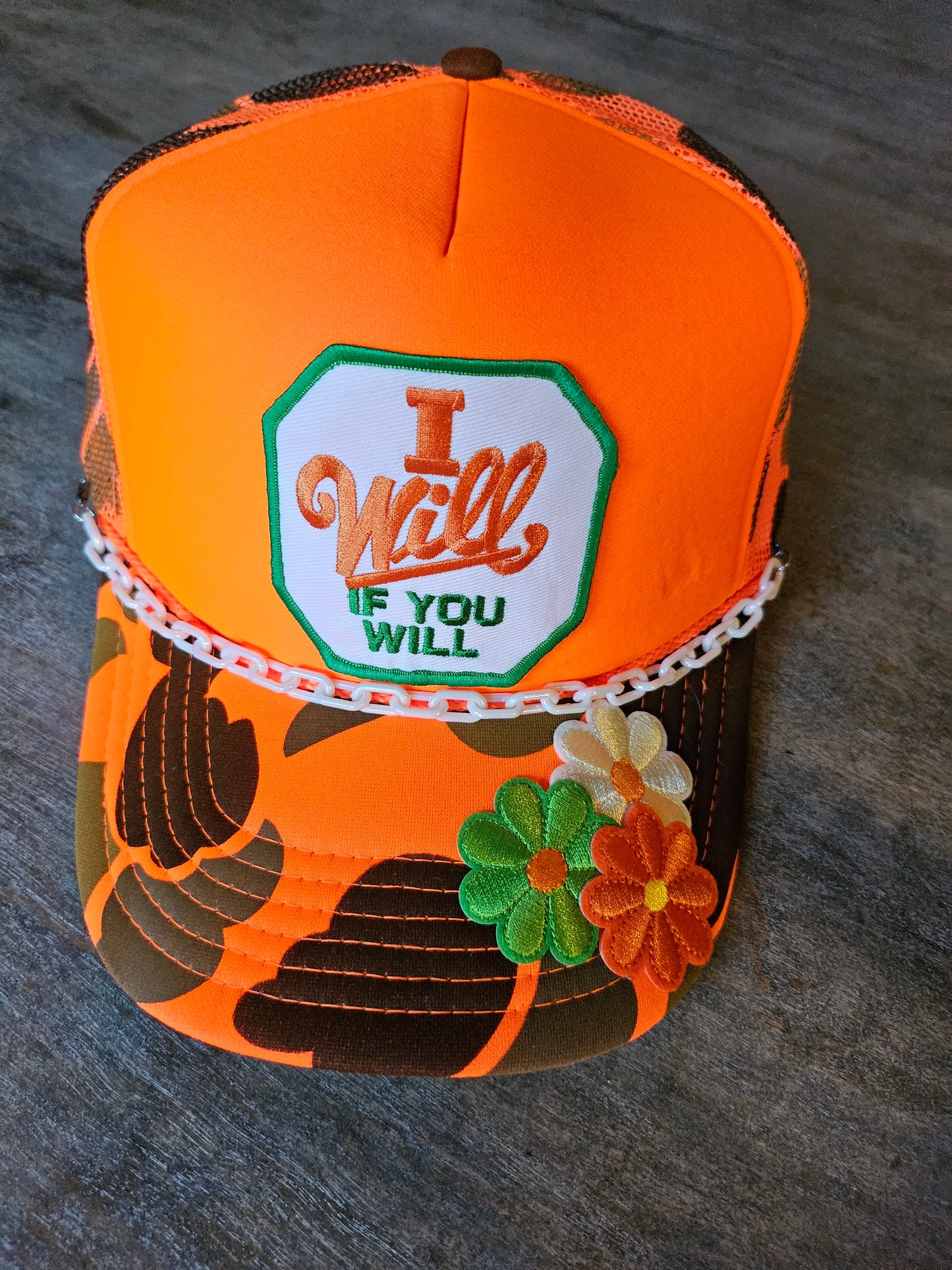 Custom orange camo trucker hat