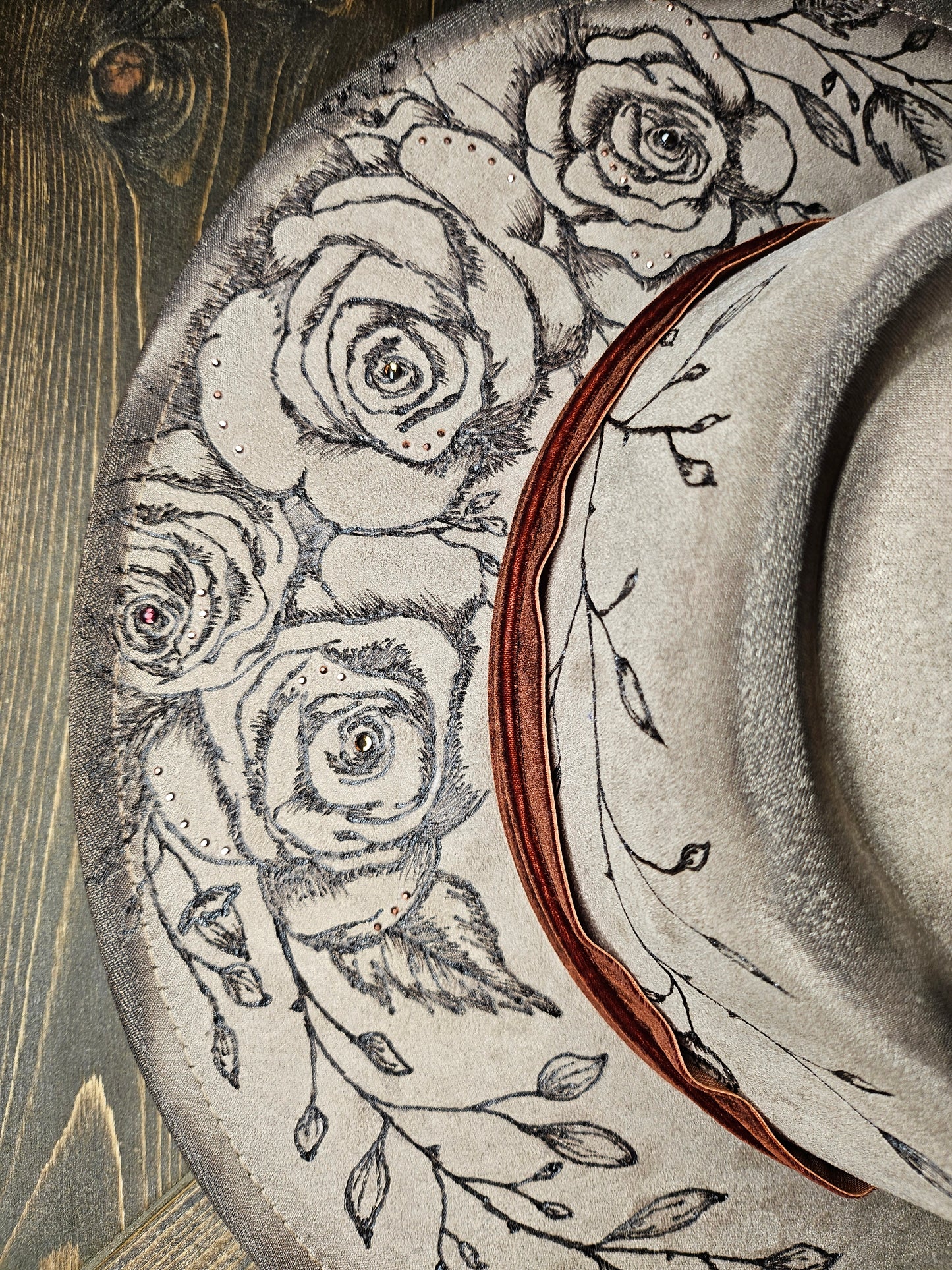 Beige valentines heart fedora  custom hand burned with roses and rhinestones.