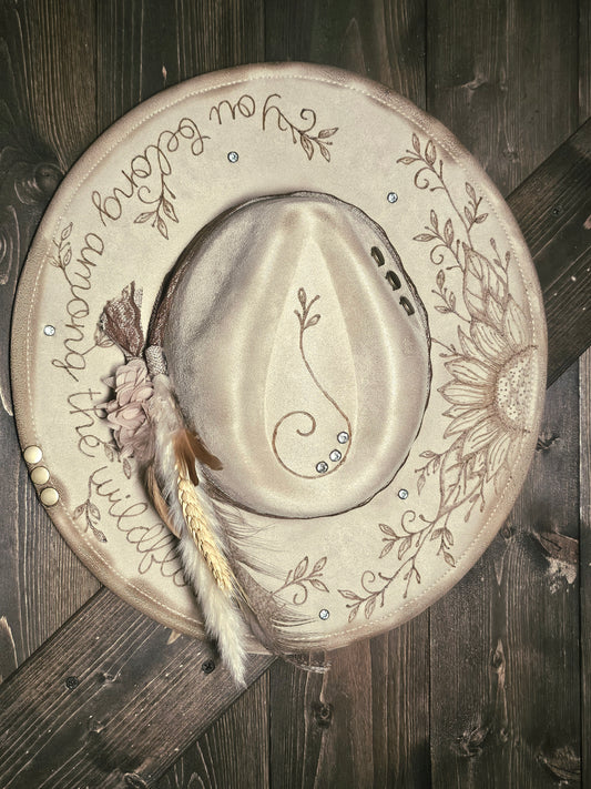 Western Fedora cowboy hat hand burned with rhinestones