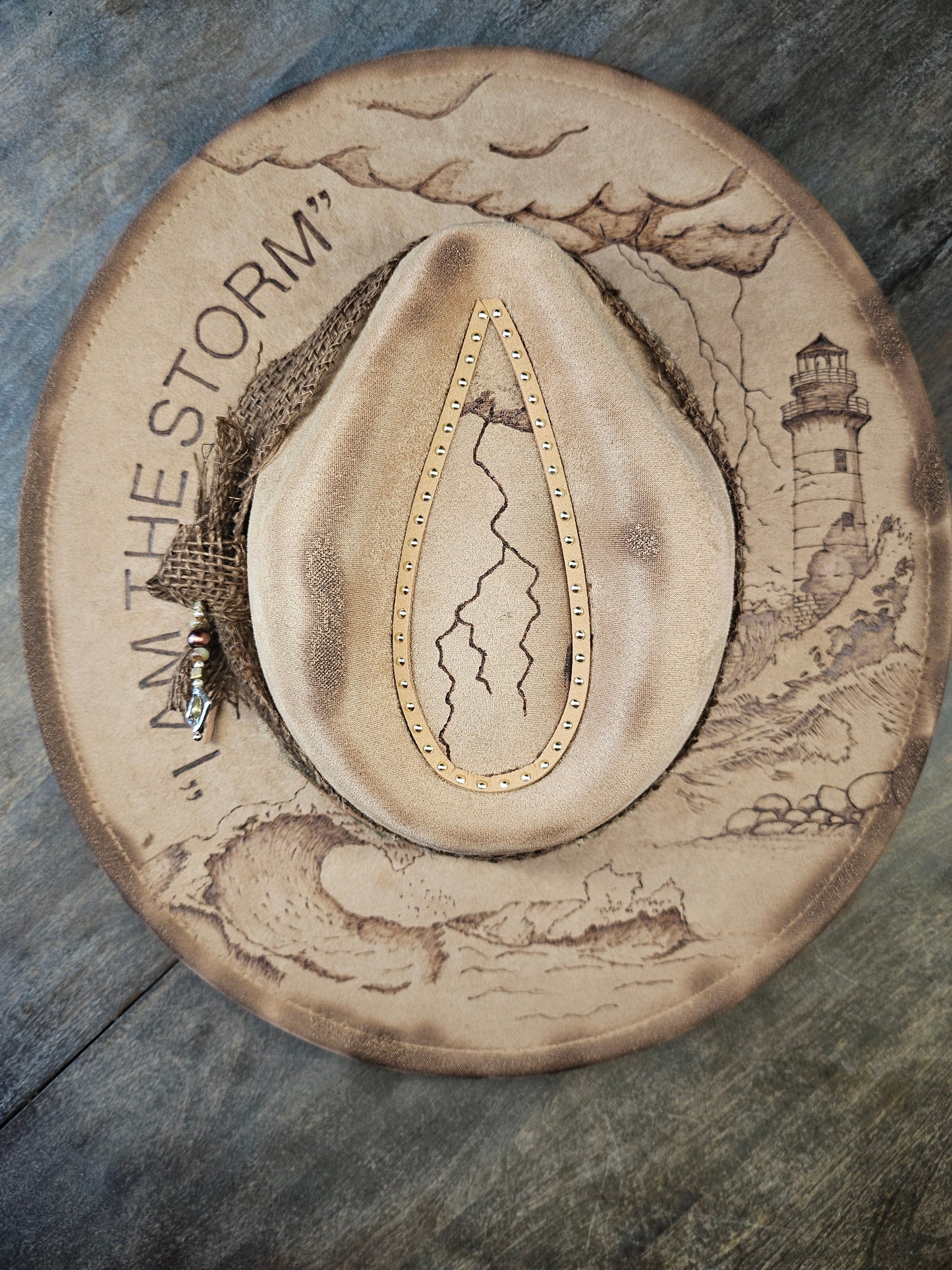 Beige fedora cowboy hat "I am the storm" faux suede