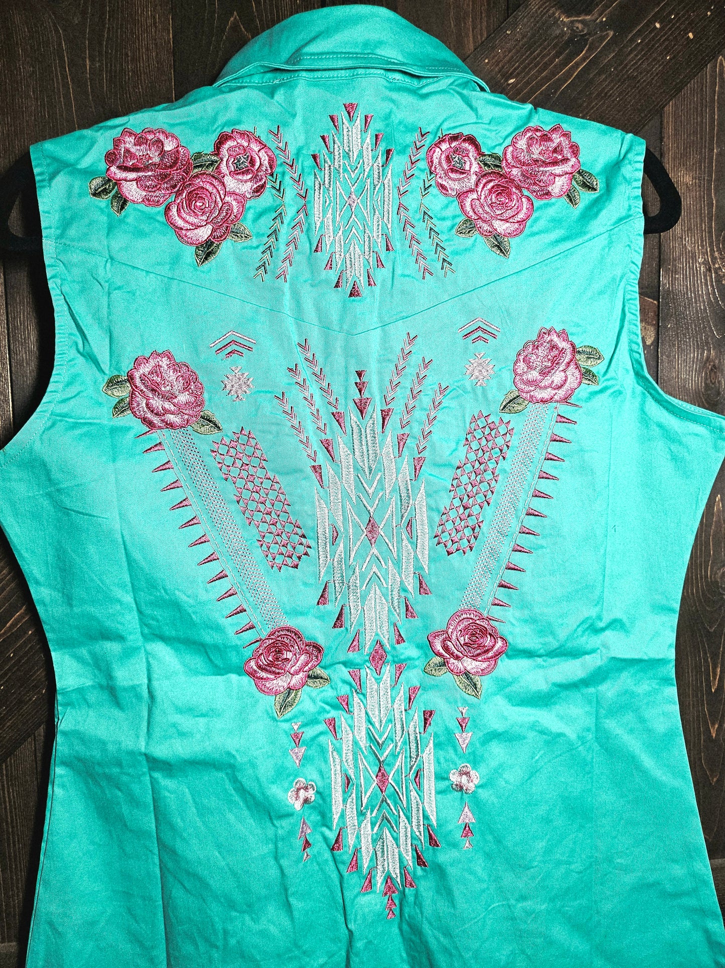 Turquoise Pearl Snap Button Down Floral Embroidered Sleeveless Stretch Tunic Dress