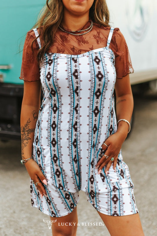 White Aztec Spaghetti Strap Romper
