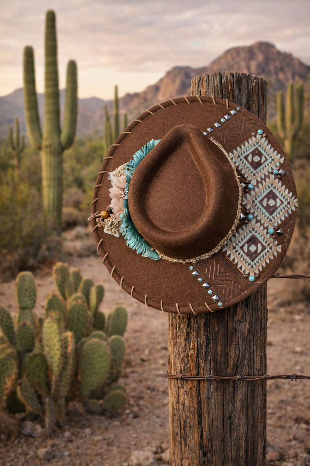 Handcrafted Brown Felt Western Hat with Turquoise Aztec Leather & Whipstitch Brim