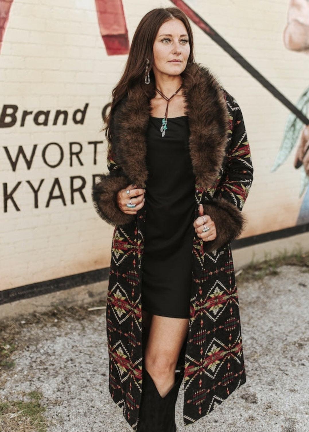 Black Aztec Fur Collar And Cuff Sleeves Long Coat