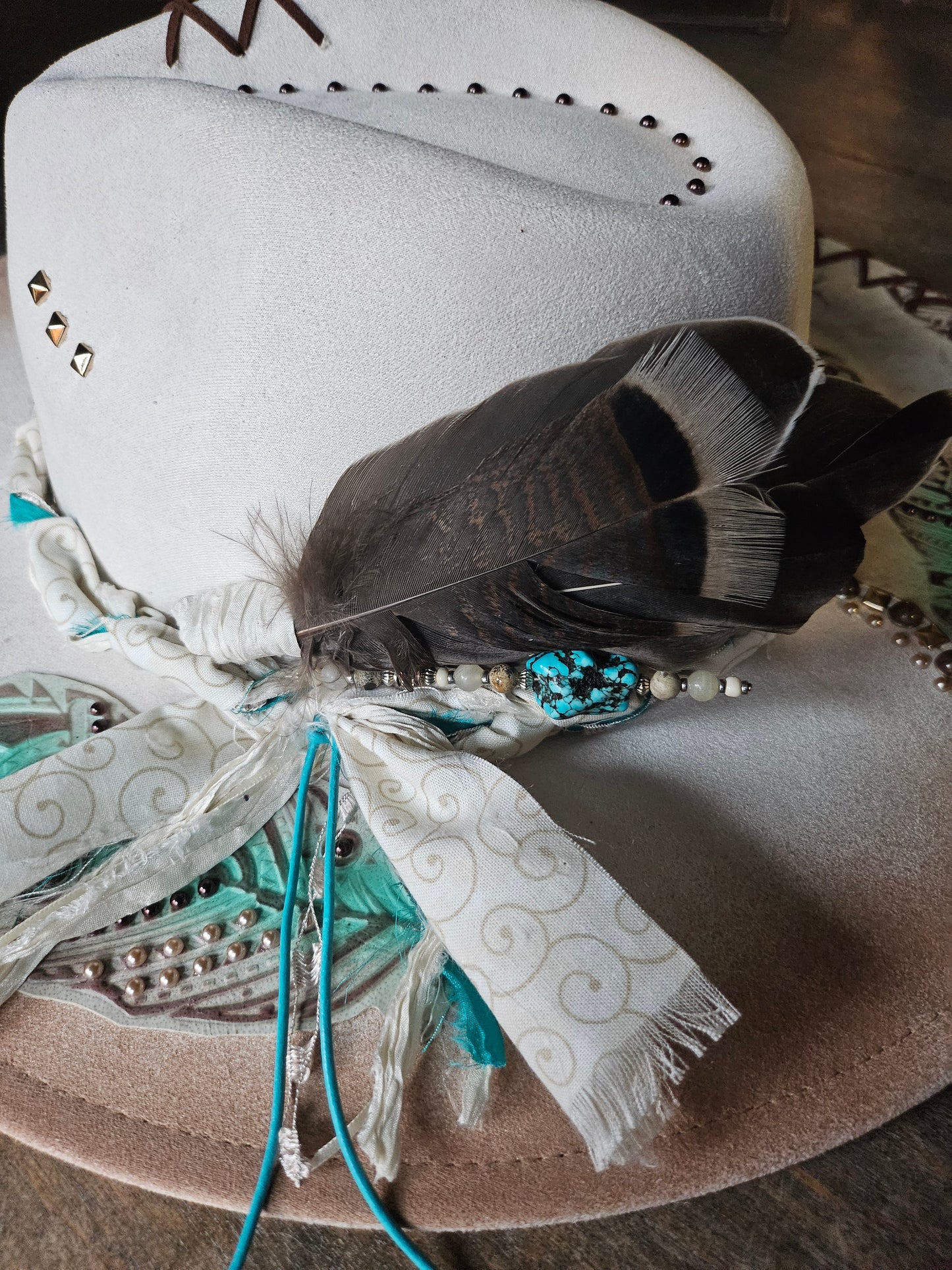 Ivory Fedora cowboy hat with embossed leather