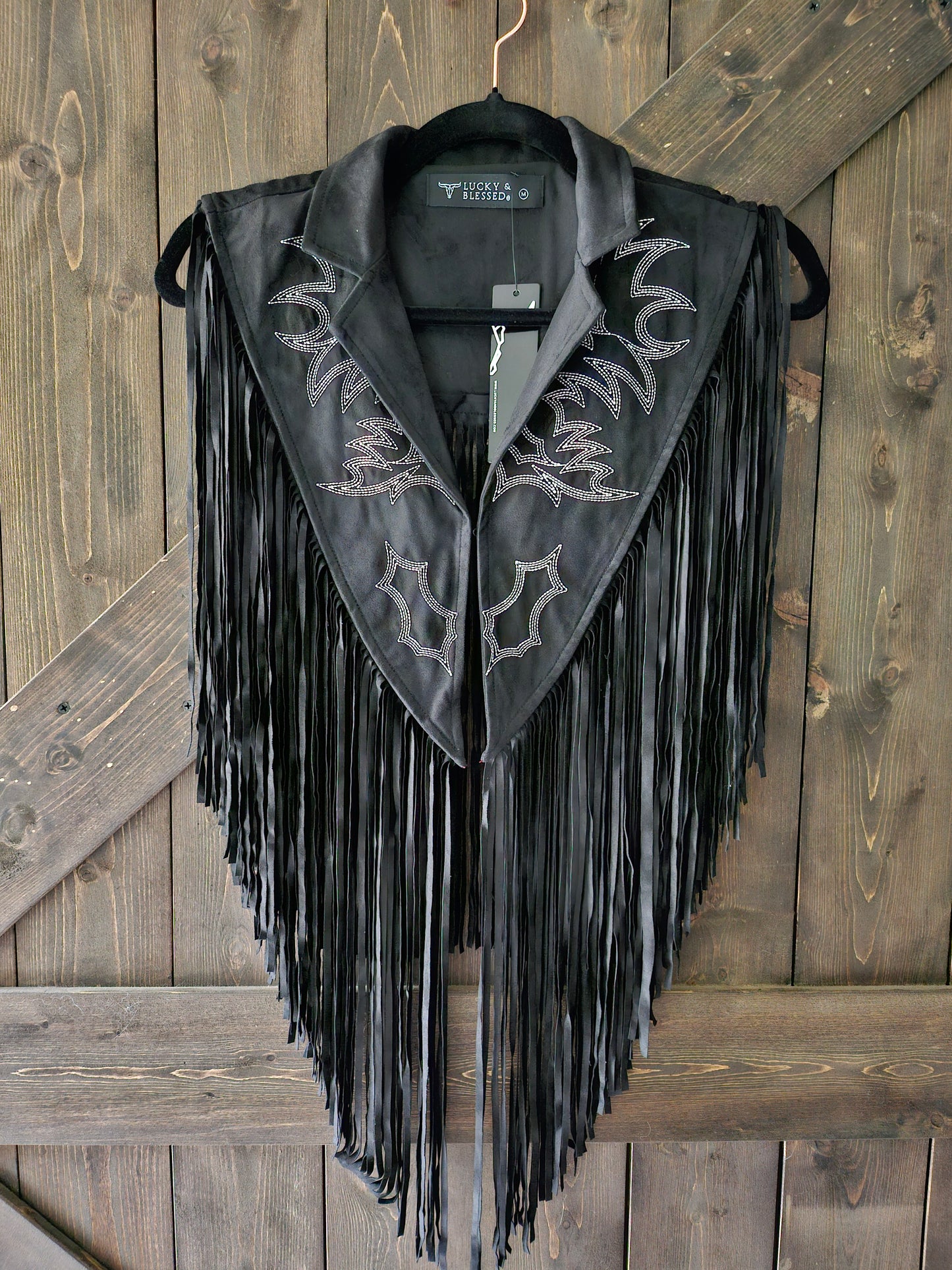 Black Boot-stitched Embroidered Western Cape W Fringe
