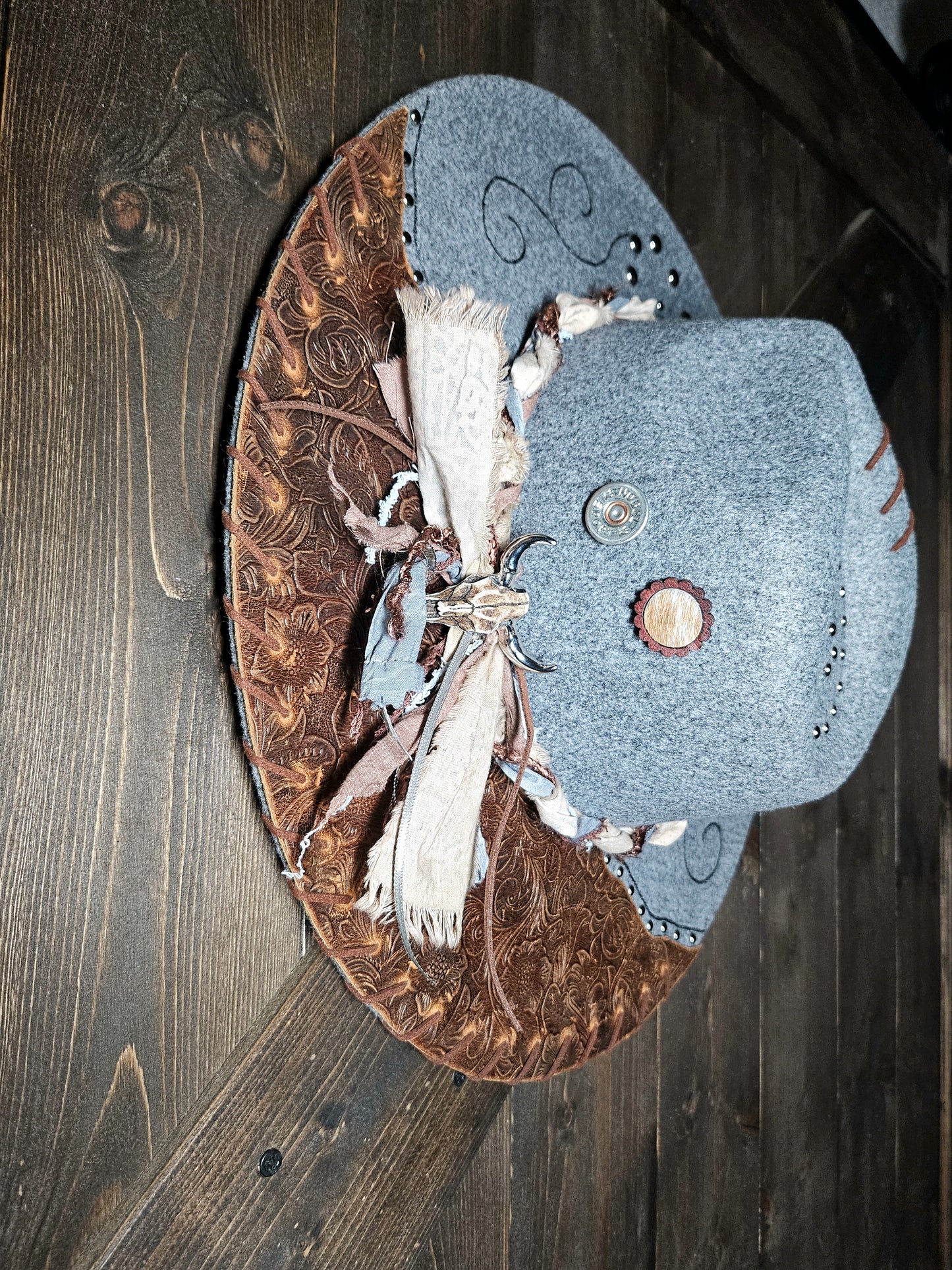 Grey felt Burned Fedora with embossed leather