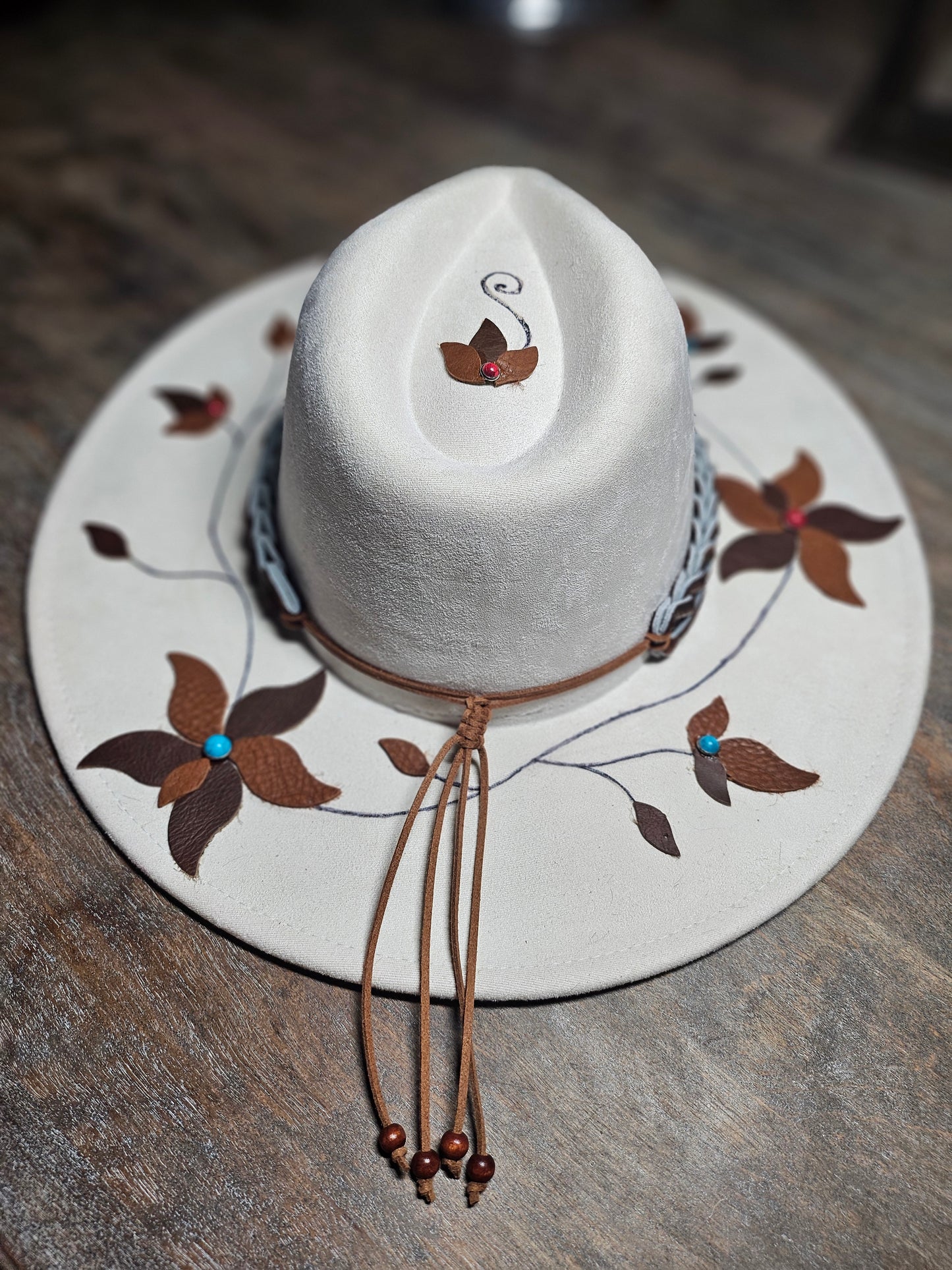 Meet "Virginia Bell" hand burned fedora with leather flowers