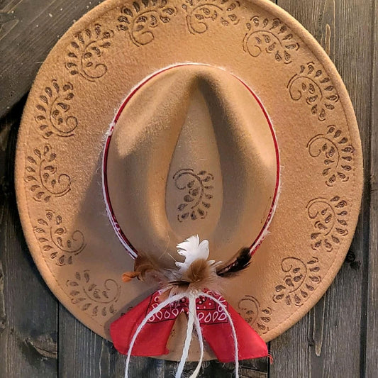 camel and red hand burned fedora hat