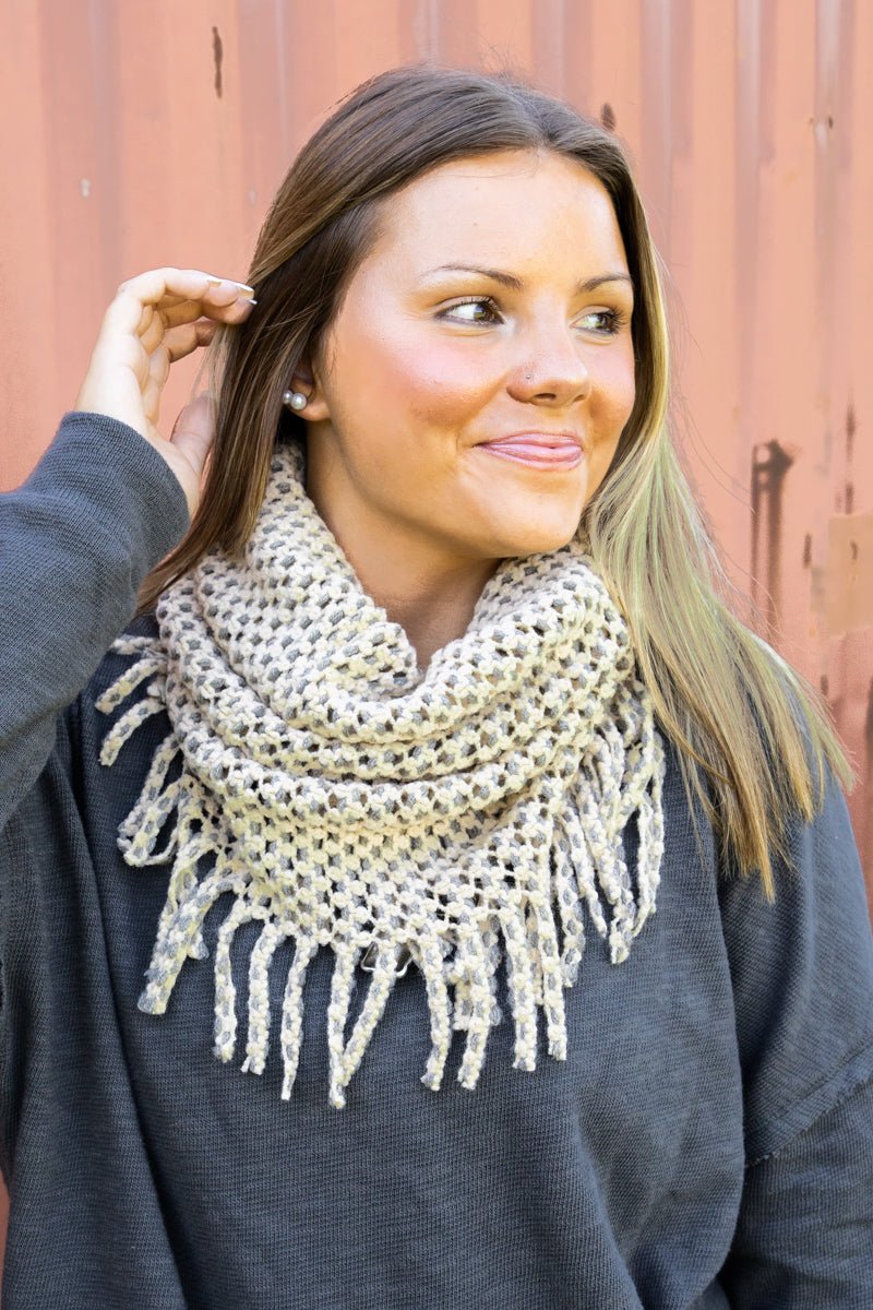 Soft fringed cowl scarves with a western flare