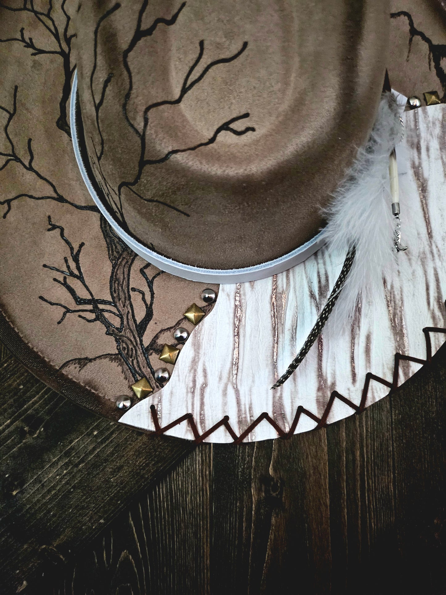 Hand Burned Western Fedora Cowboy Hat With Genuine Leather