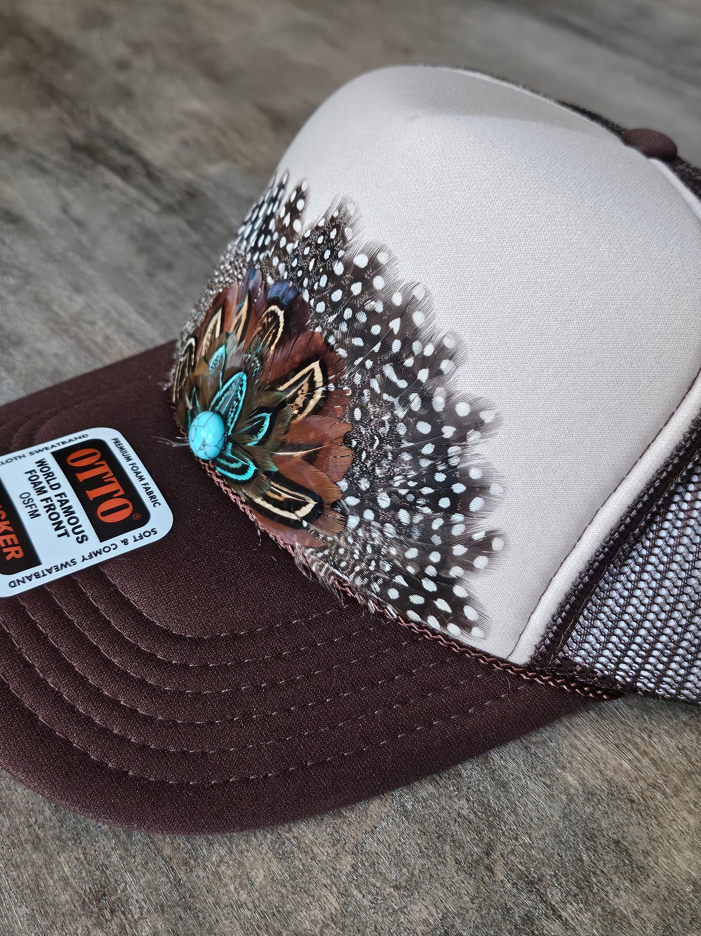 Custom brown and tan trucker hat