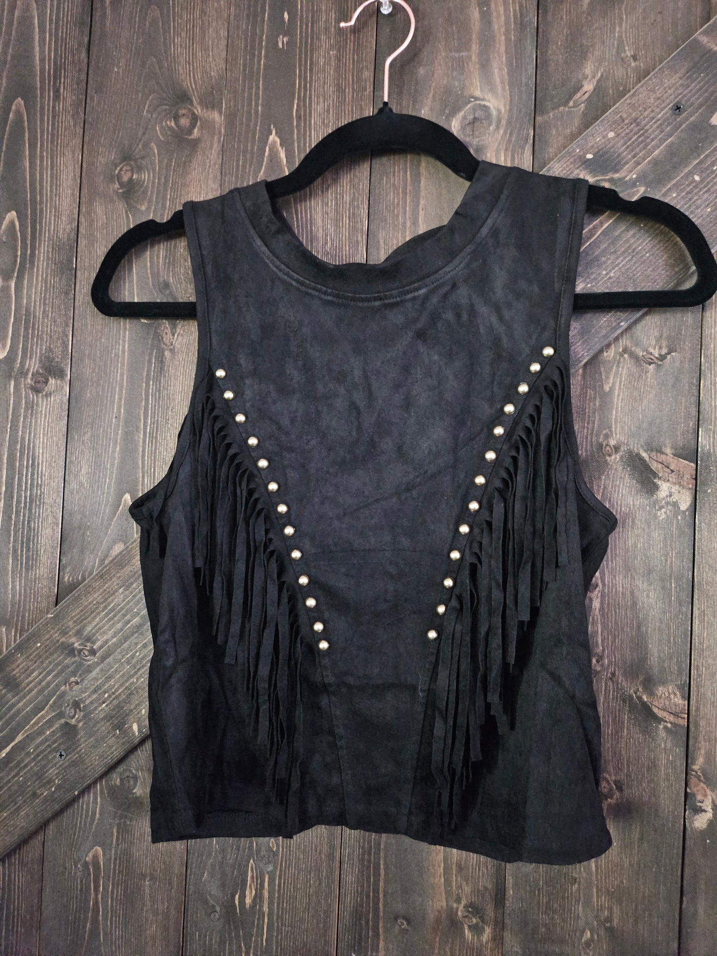 Black Suede Front V Fringe Stud Top