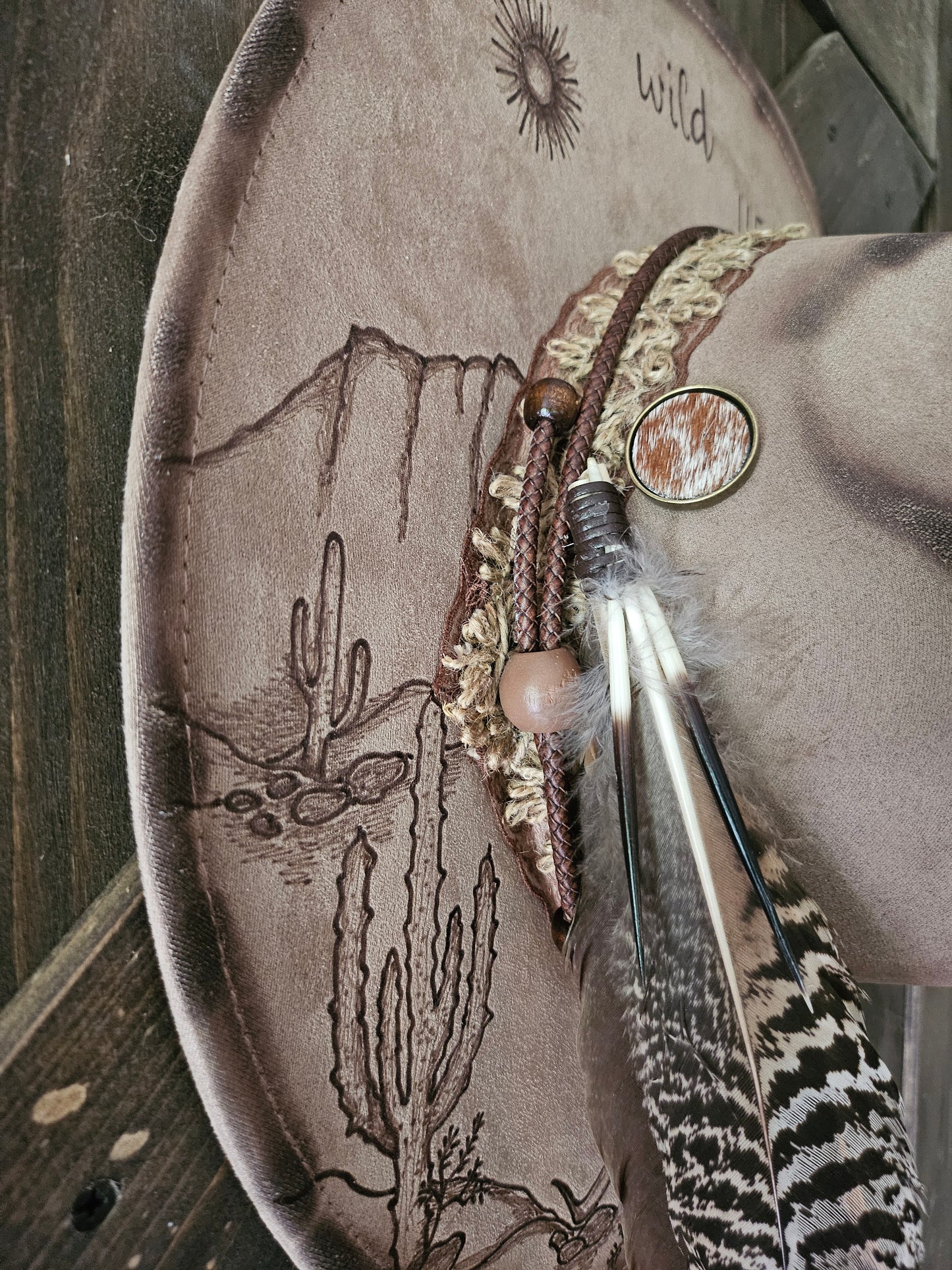 Wild heart desert scape burned Fedora cowboy hat.