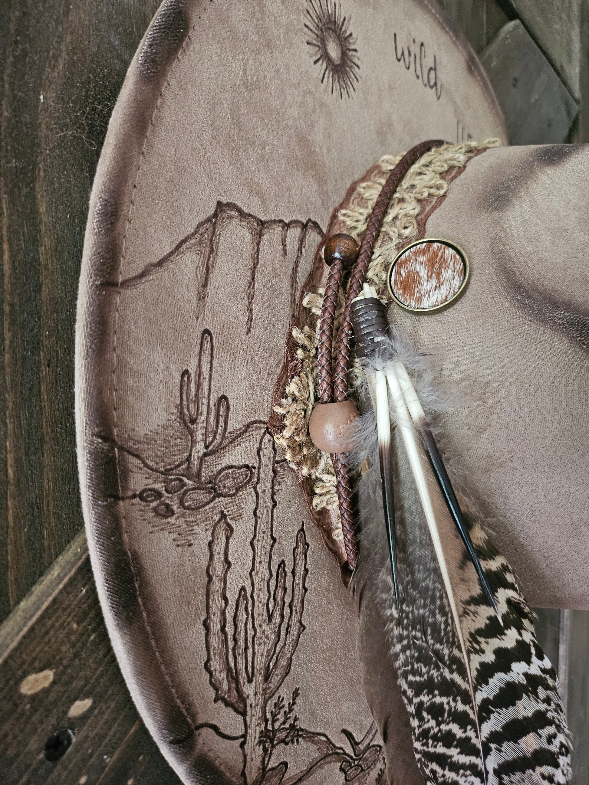 Wild heart desert scape burned Fedora cowboy hat.