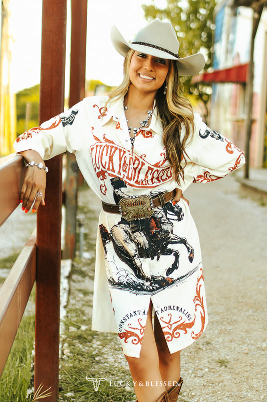 Lucky Horse Rider Printed Pearl Snap Button Down Long sleeved dress