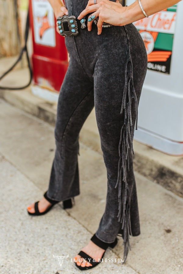 Black Mineral washed fringed jumpsuit
