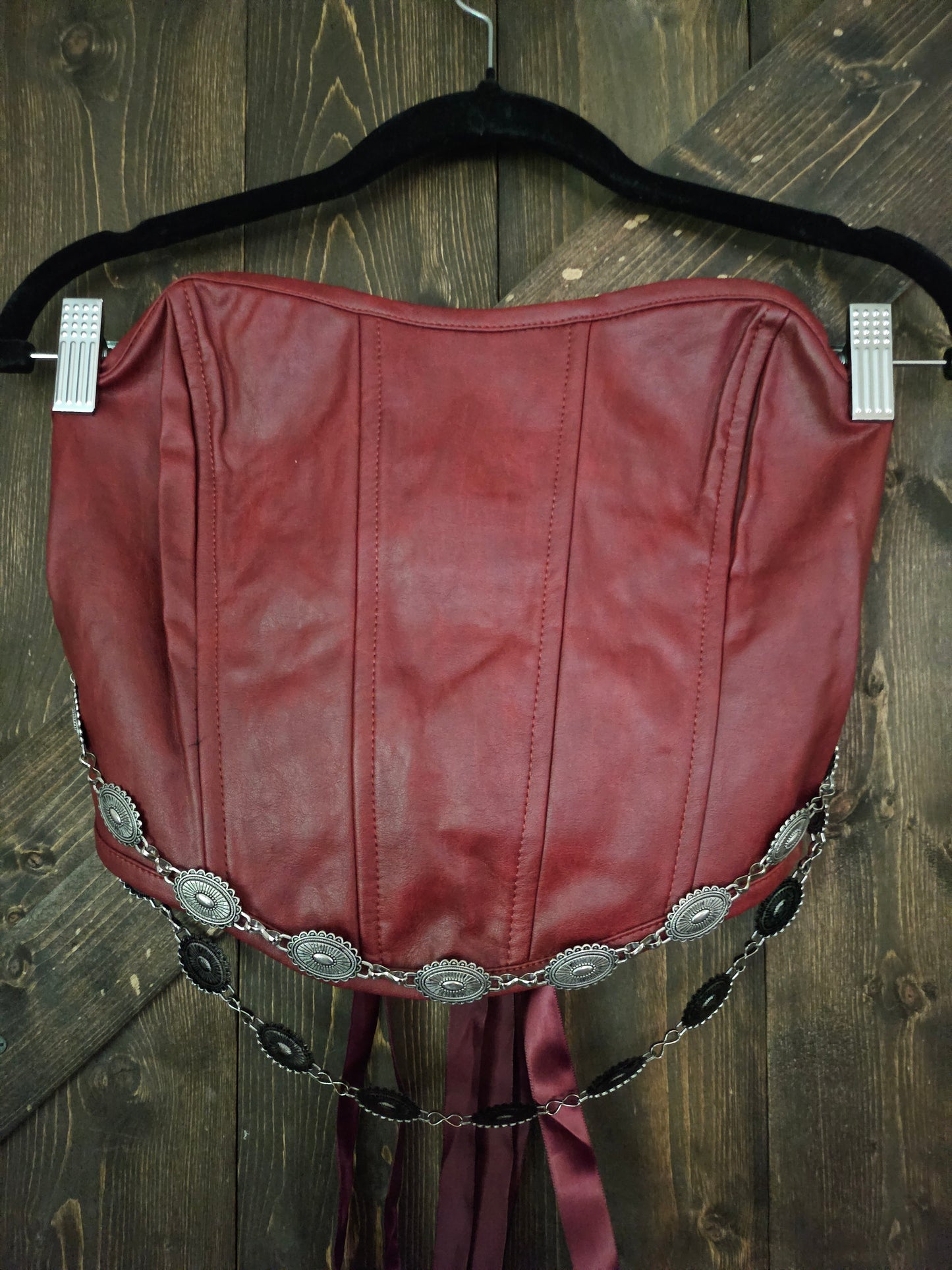 Wine Corset Top With Concho Chain Detail on Faux Leather