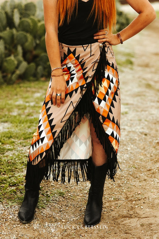 Aztec Fringe Asymmetrical Wrap Skirt