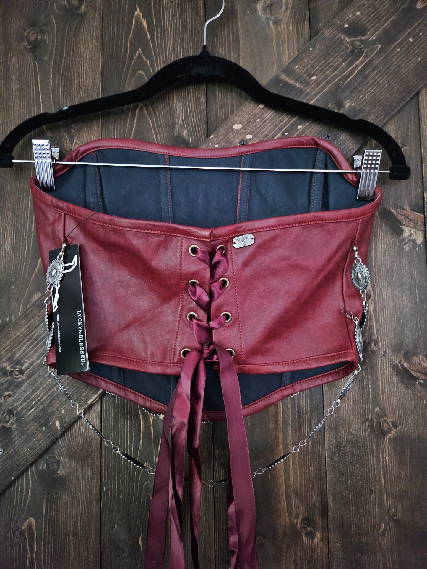 Wine Corset Top With Concho Chain Detail on Faux Leather