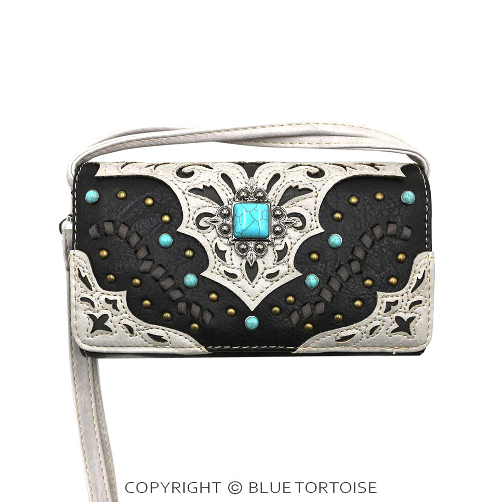 Western Faux Leather Turquoise Accent Wallet Crossbody Wristlet