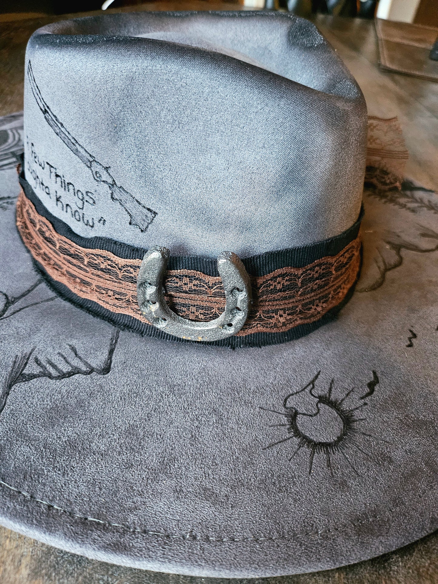 Grey hand burned fedora cowboy hat