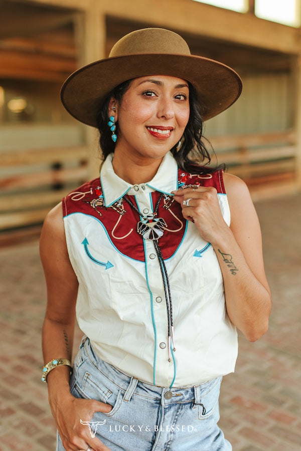 Ivory Western Yoke Button Down Embroidered Sleeveless Shirt