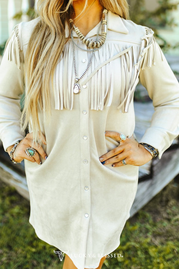 Taupe Fringe Button Down Sleeve Shirt Dress