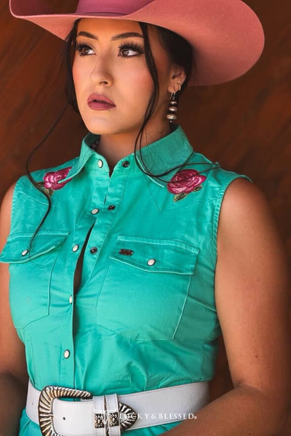 Turquoise Pearl Snap Button Down Floral Embroidered Sleeveless Stretch Tunic Dress