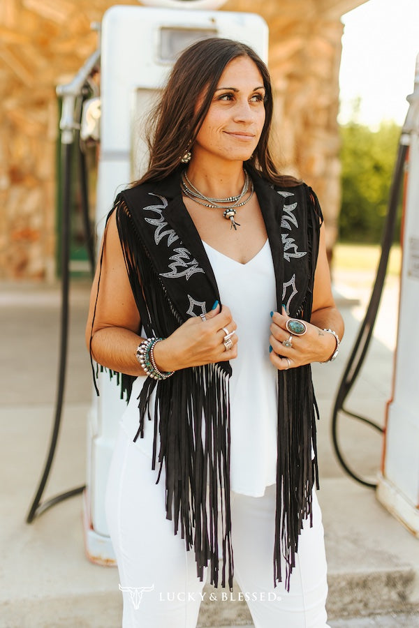 Black Boot-stitched Embroidered Western Cape W Fringe