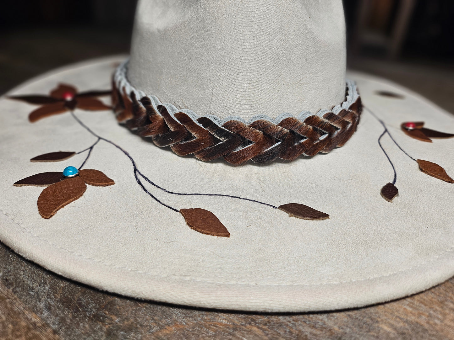 Meet "Virginia Bell" hand burned fedora with leather flowers