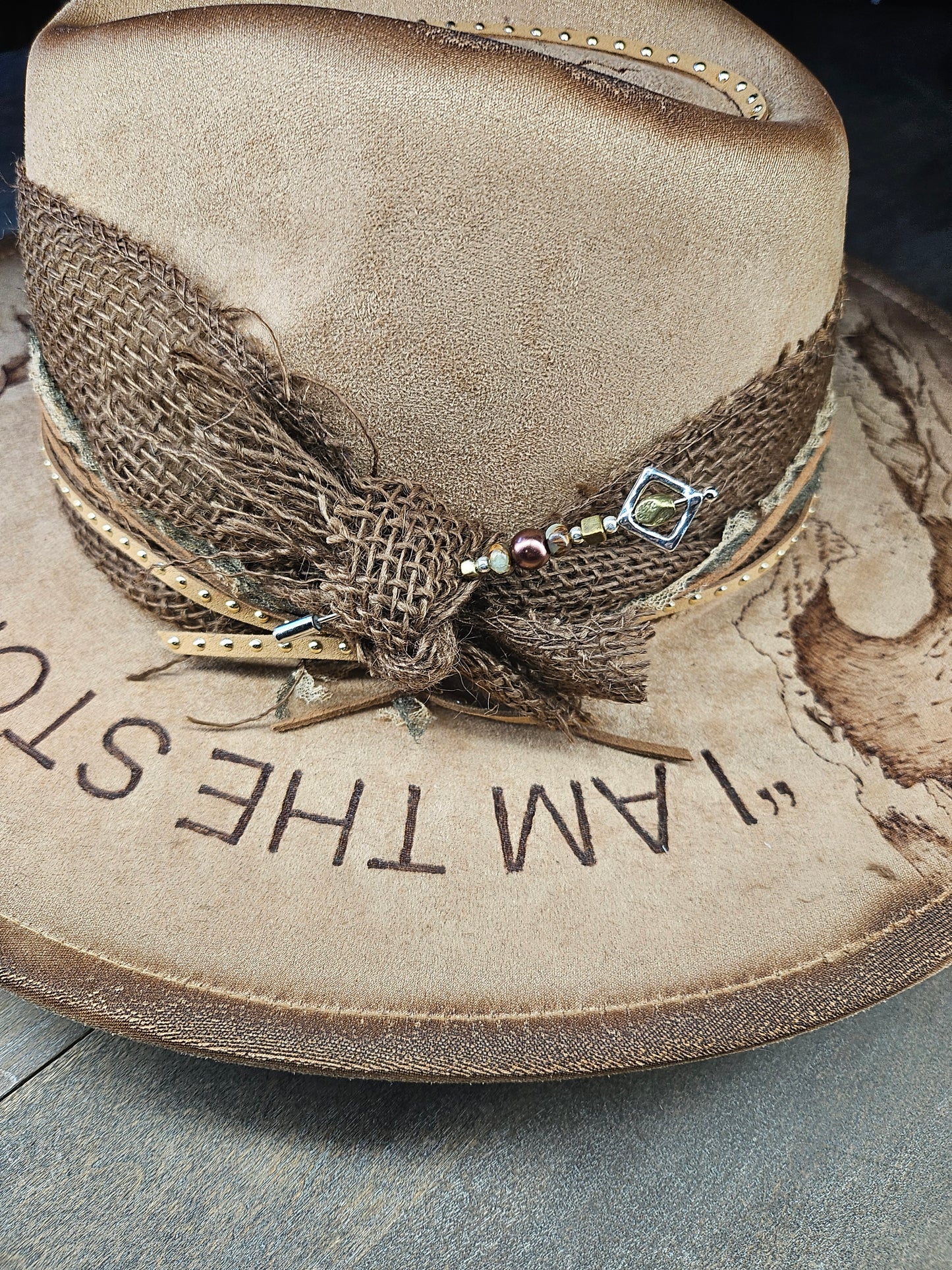 Beige fedora cowboy hat "I am the storm" faux suede