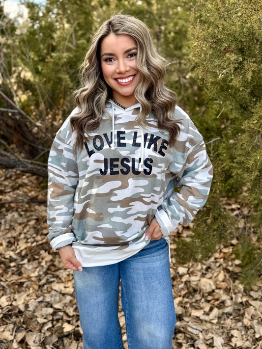 Green Camo Hoodie Graphic Print- Love Like Jesus