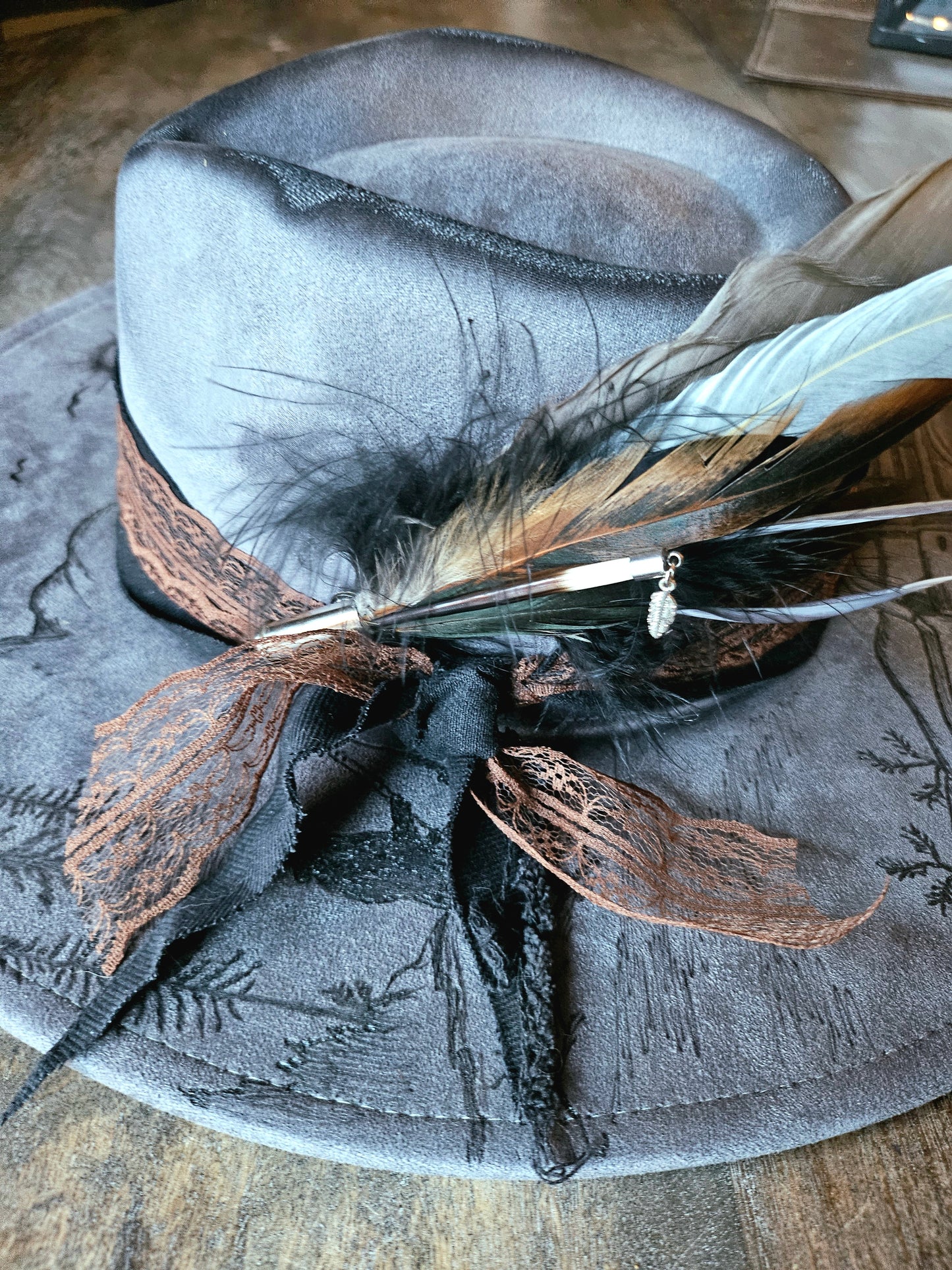 Grey hand burned fedora cowboy hat