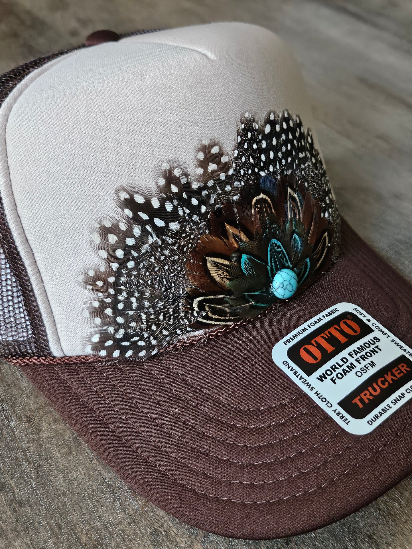 Custom brown and tan trucker hat