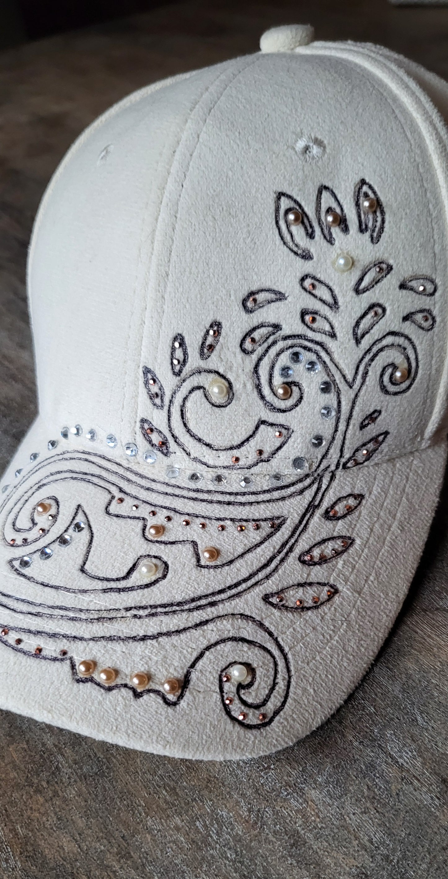 Rhinestone and pearls hand burned baseball cap in ivory faux suede