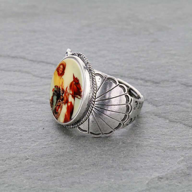 Western Vintage Silver Cowgirl Portrait Cuff Stretch Bracelet