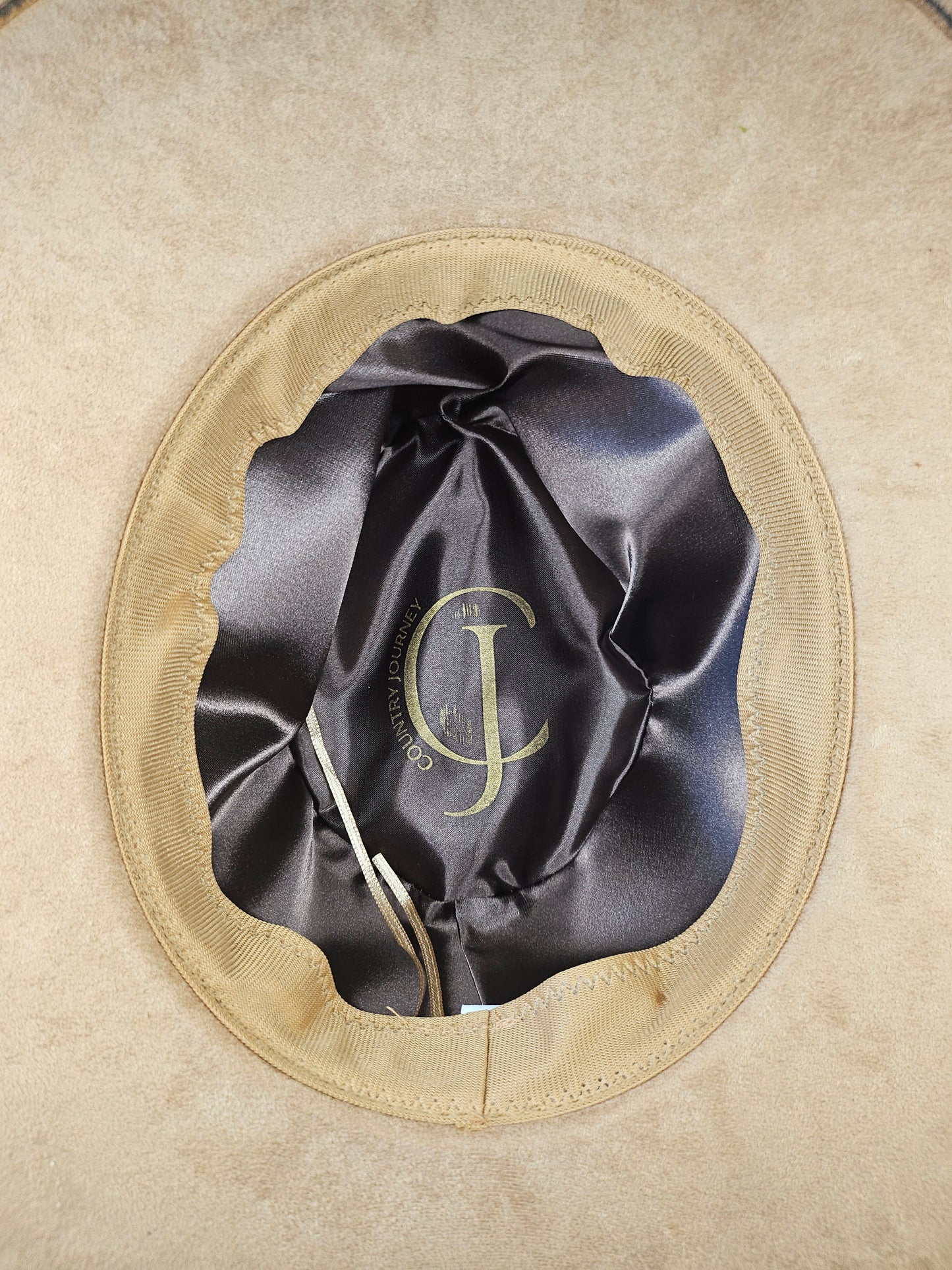 Beige fedora cowboy hat "I am the storm" faux suede