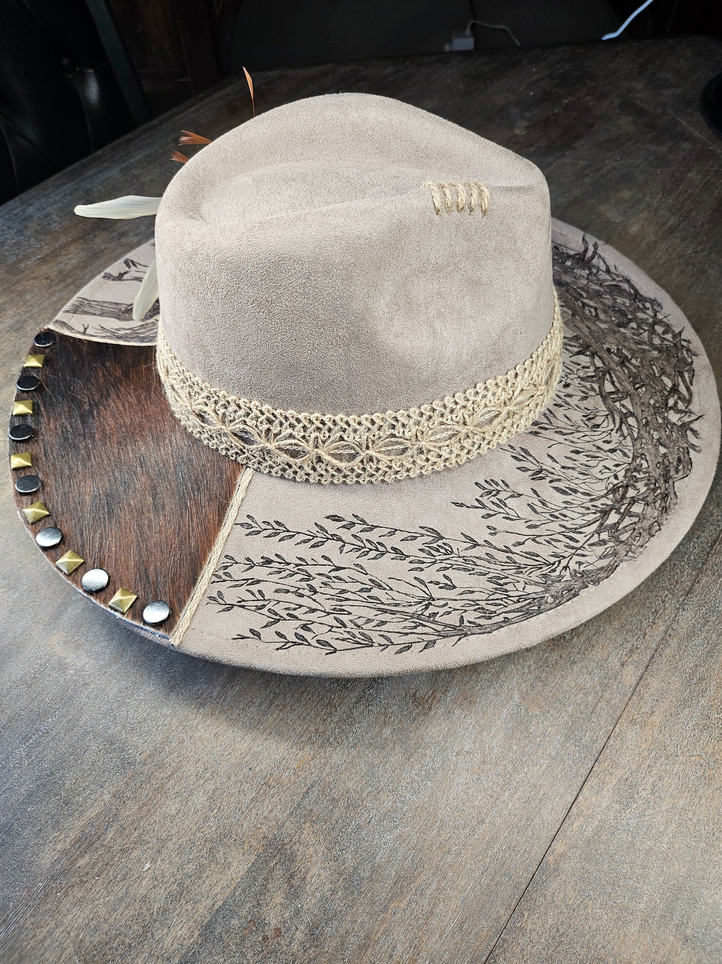 Taupe Fedora Hat hand burned with a horse under a weeping willow
