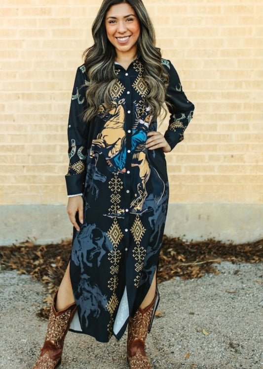 Black Riding Cowboy Aztec Button Down Maxi Shirt Dress