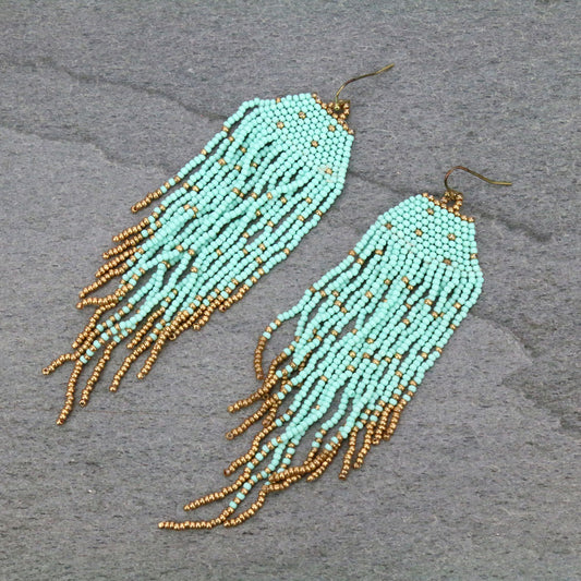 Turquoise and gold boho seed bead tassel earrings