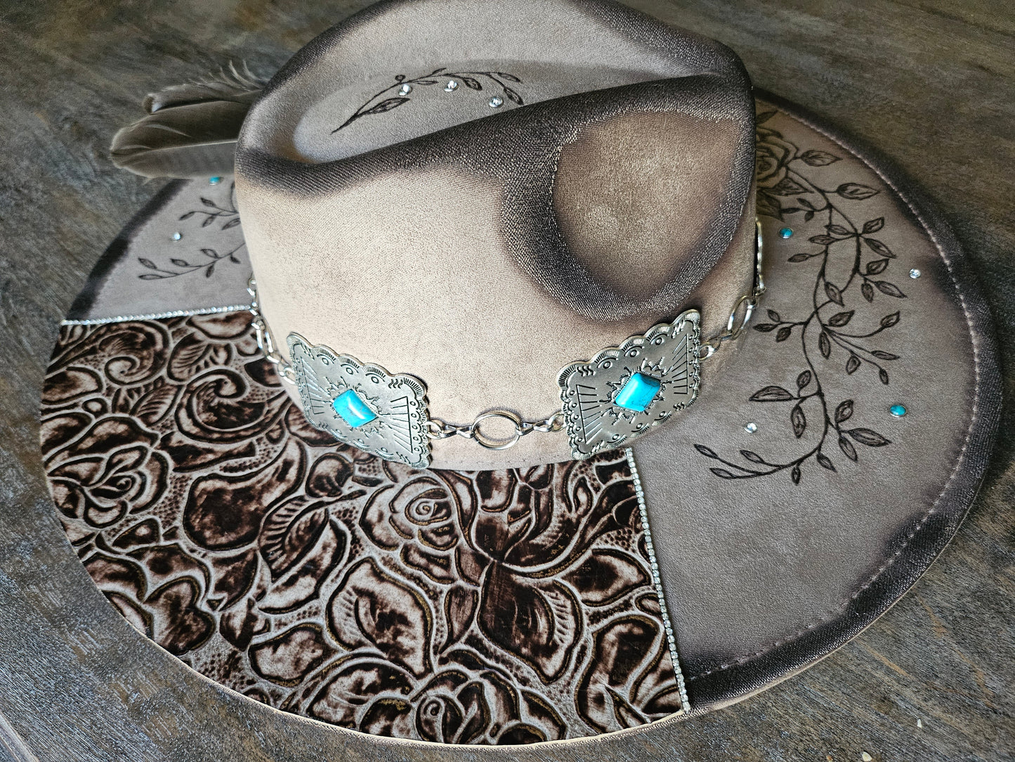 Handcrafted Western Cowboy Hat-Floral Tooled Leather & Feather Accent