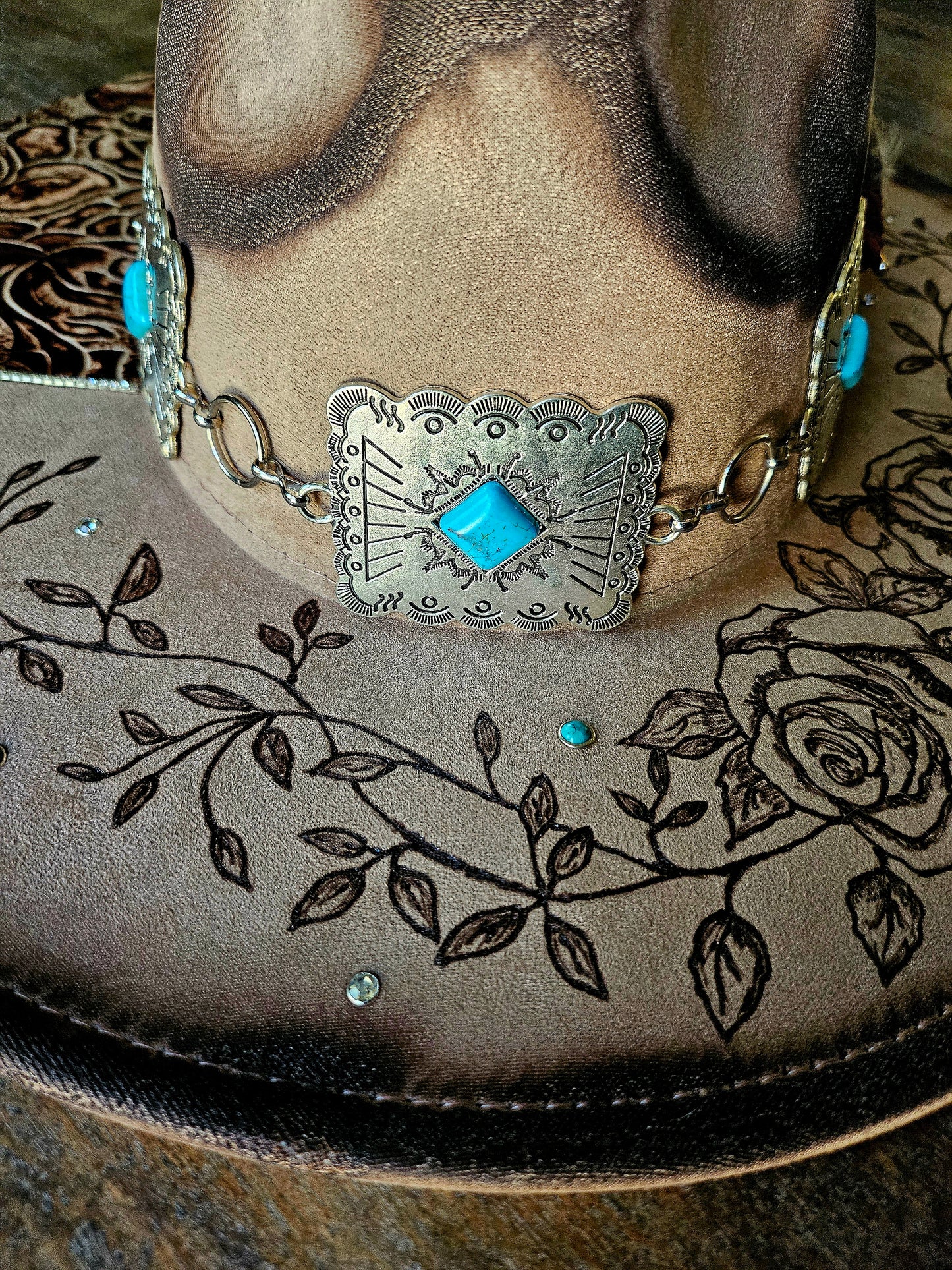 Handcrafted Western Cowboy Hat-Floral Tooled Leather & Feather Accent