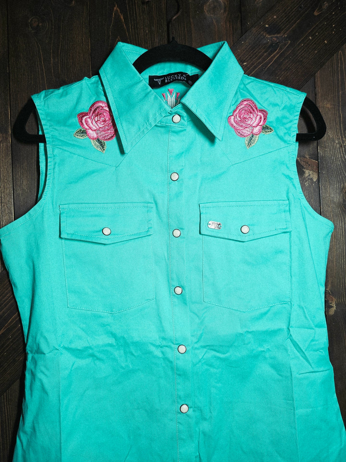 Turquoise Pearl Snap Button Down Floral Embroidered Sleeveless Stretch Tunic Dress